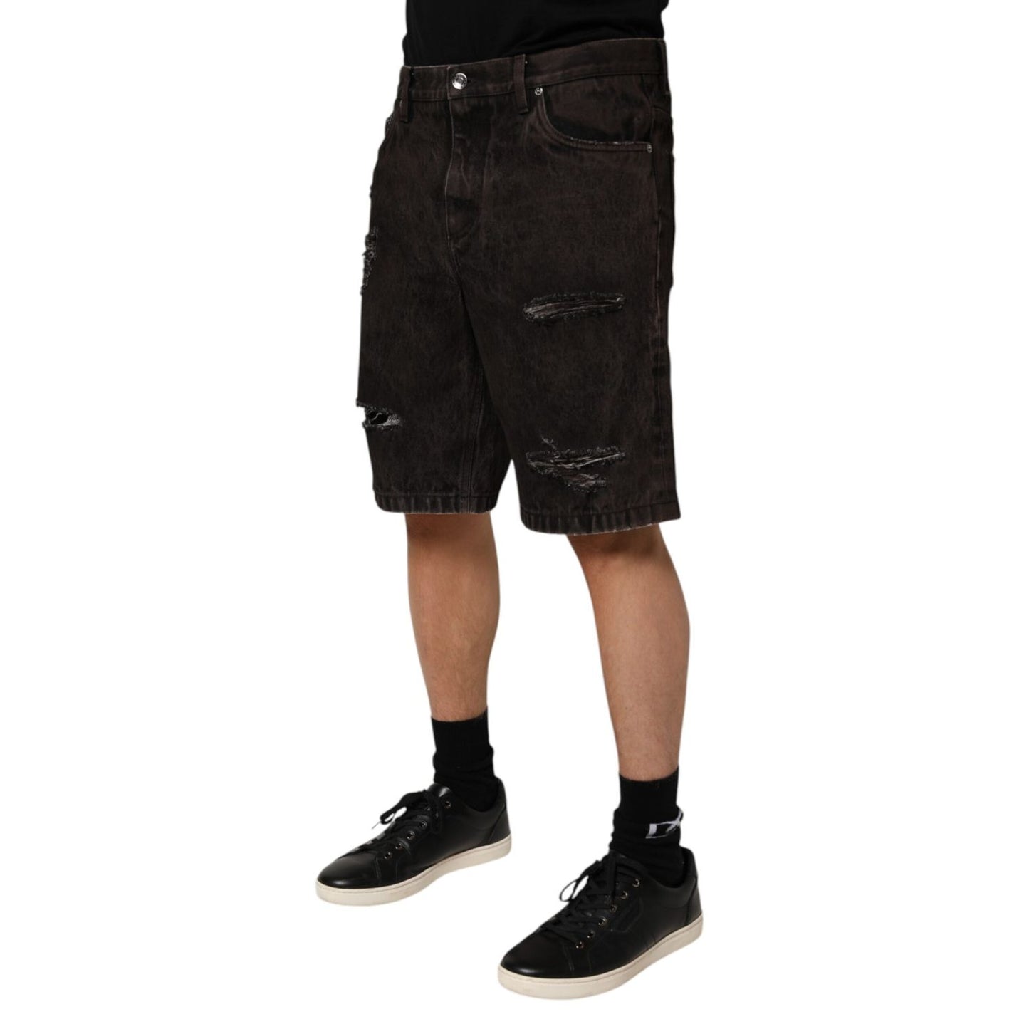 Dolce & Gabbana Black Cotton Tattered Denim Men Bermuda Short