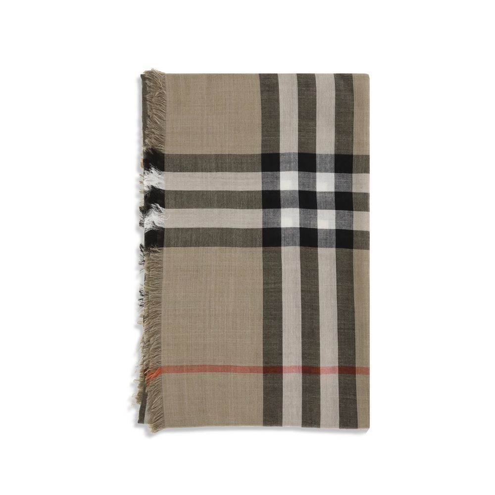 Burberry Beige Wool Scarf with check pattern and fringed edges, made of wool-silk blend, showcasing classic elegance and versatility.