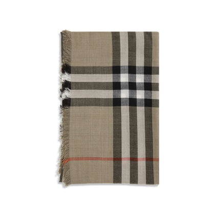 Burberry Beige Wool Scarf with check pattern and fringed edges, made of wool-silk blend, showcasing classic elegance and versatility.