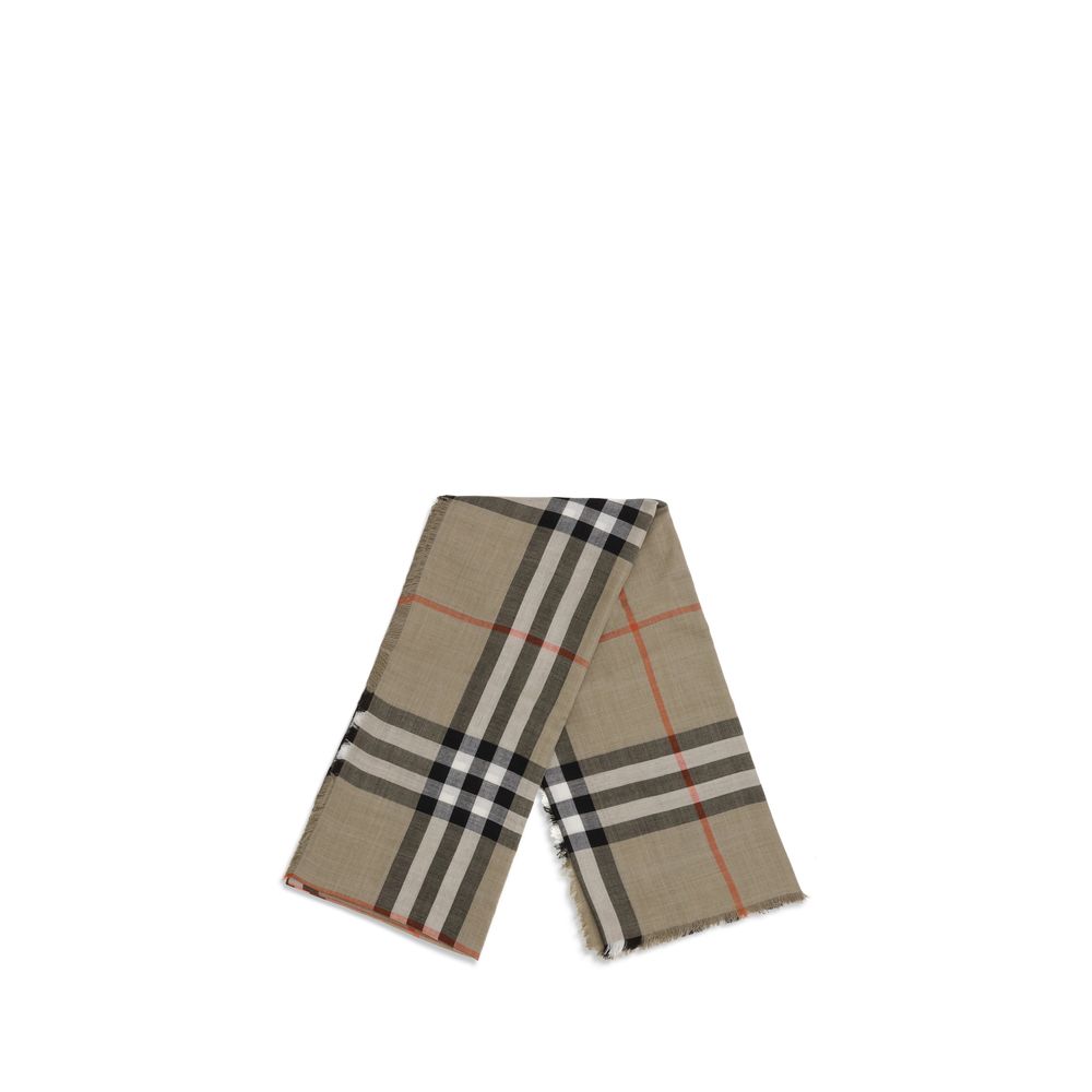 Burberry Beige Wool Scarf, reversible wool and silk blend with Burberry Check in sand and brown, fringed edges, 200x200 cm.