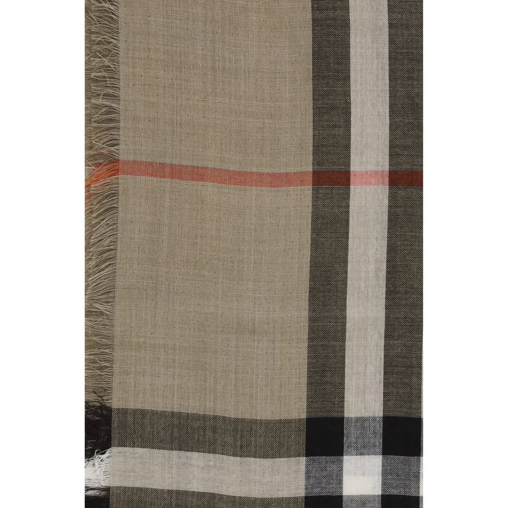 Burberry Beige Wool Scarf with check pattern and fringed edges, crafted in Italy from wool and silk, perfect for AW25 season.