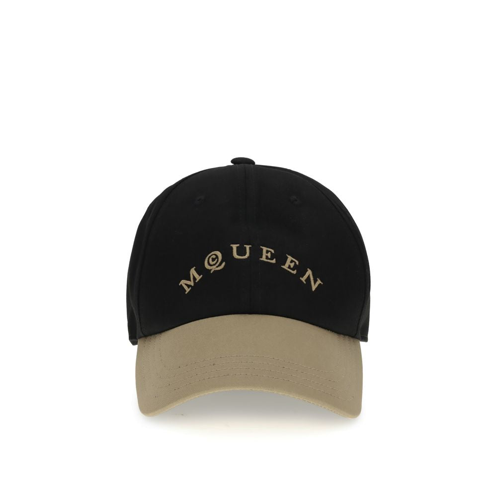 Alexander McQueen Black Cotton Cap (Baseball Hat) featuring beige embroidered logo and adjustable leather closure.