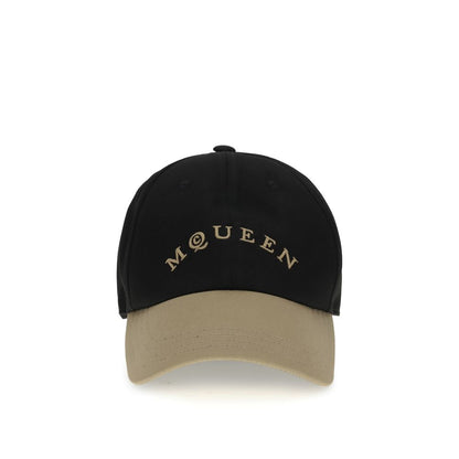 Alexander McQueen Black Cotton Cap (Baseball Hat) featuring beige embroidered logo and adjustable leather closure.