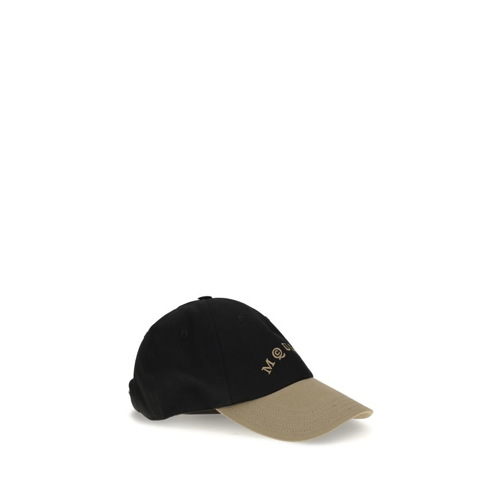 Alexander McQueen Black Cotton Cap (Baseball Hat) with beige embroidered logo and adjustable leather closure, AW25 collection in black cotton.