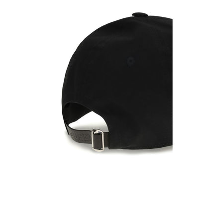 Back view of Alexander McQueen Black Cotton Cap (Baseball Hat) showing adjustable leather closure for customizable fit.