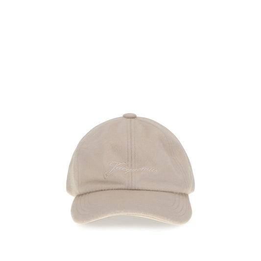 Jacquemus Beige Wool Cap (Baseball Hat) with embroidered logo and adjustable buckle, AW25, 100% wool comfort and style.