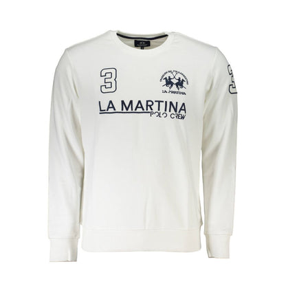 La Martina White Cotton Men's Sweater with logo and sporty embroidery on front, featuring crew neck and long sleeves.