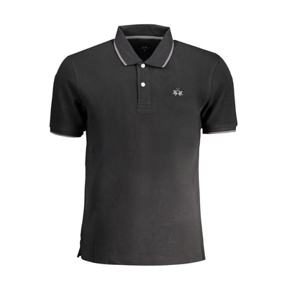 La Martina Black Cotton Polo Shirt with short sleeves, regular fit, two buttons, and embroidered logo.