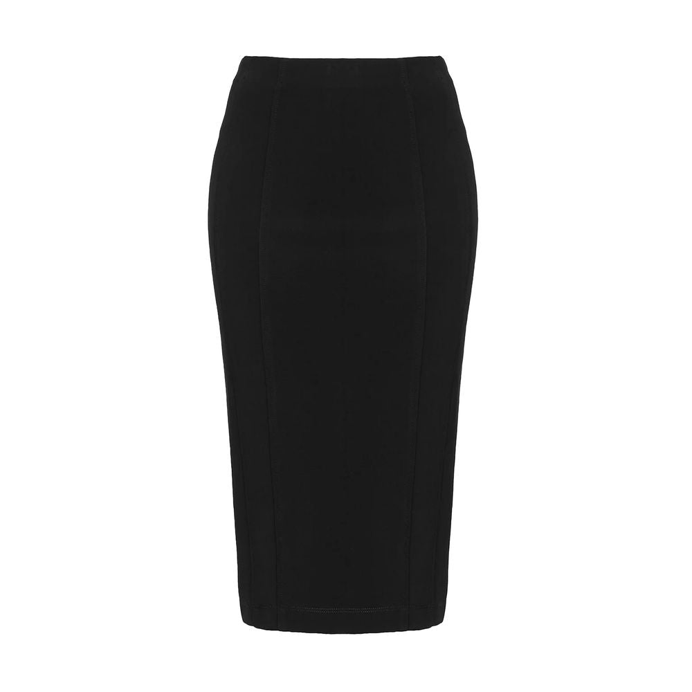 PINKO Black Viscose Skirt with rear zip closure, stretch technical fabric, rear slit, made in Italy, slim fit design.