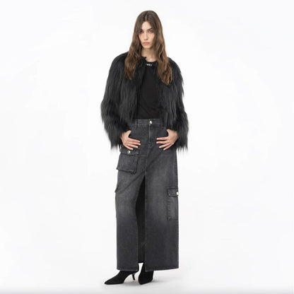 Woman wearing PINKO Black Cotton Skirt with flap, side, and back pockets, styled with a faux fur black jacket on a white background.