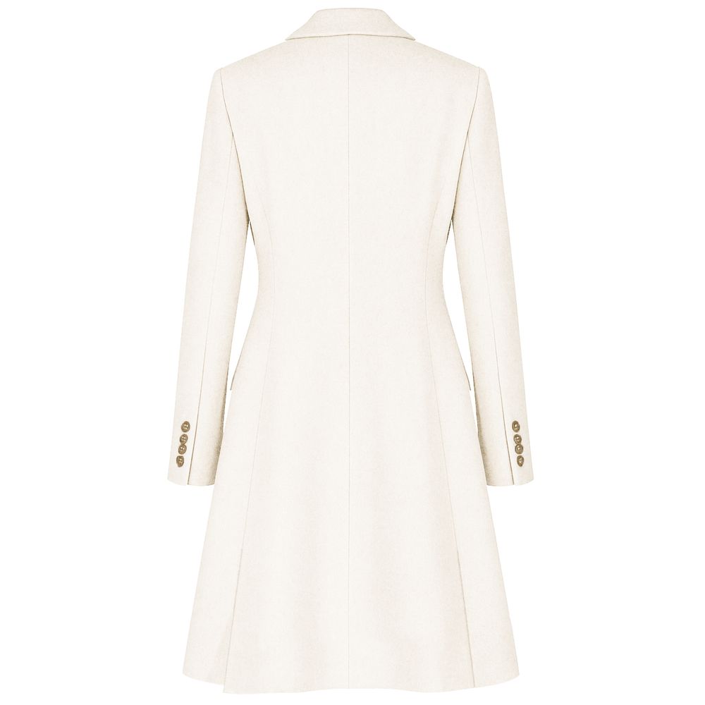 Back view of Made in Italy White Wool Women Coat showing its elegant design and gold buttons.