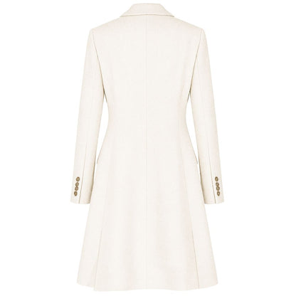 Back view of Made in Italy White Wool Women Coat showing its elegant design and gold buttons.