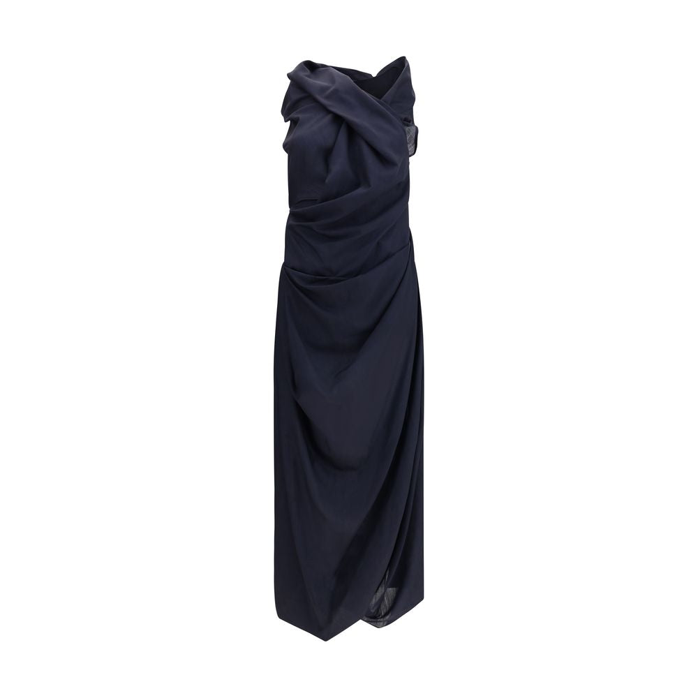 Vivienne Westwood Blue Wool Casual Dress with elegant draping and asymmetric hem, featuring a halter neckline and fitted waist.