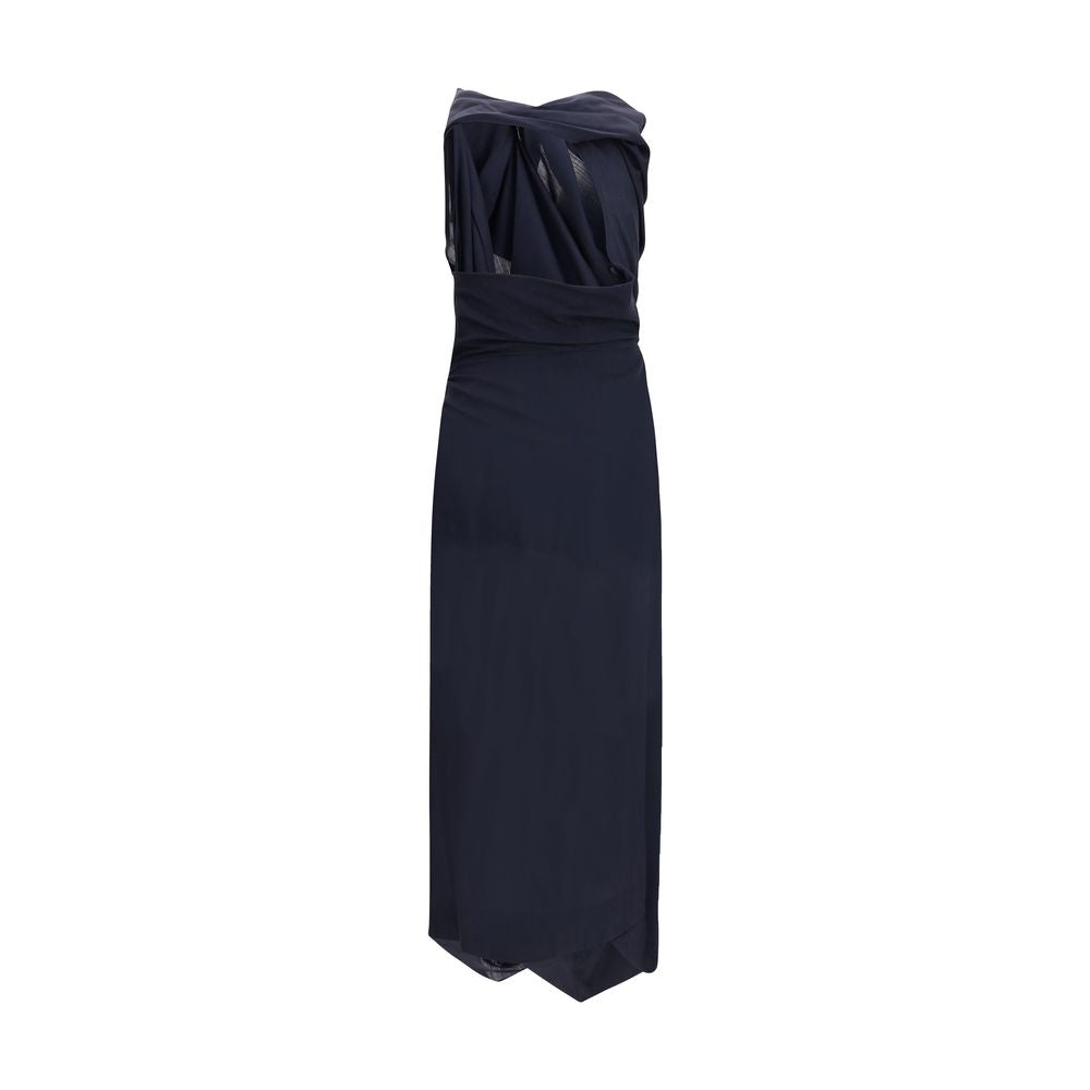 Vivienne Westwood Blue Wool Casual Dress with halter neckline and asymmetric hem, featuring elegant draping and fitted waist.