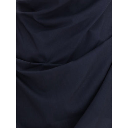 Close-up of Vivienne Westwood Blue Wool Casual Dress fabric with refined draping and asymmetric seams.