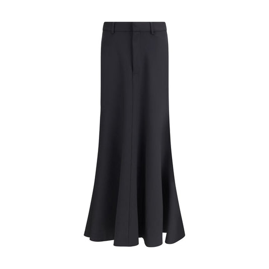 Balenciaga Black Fleece Wool Long Skirt with mid-rise waist, front buttons, and belt loops, showcasing stylish Godet skirt-trousers design.