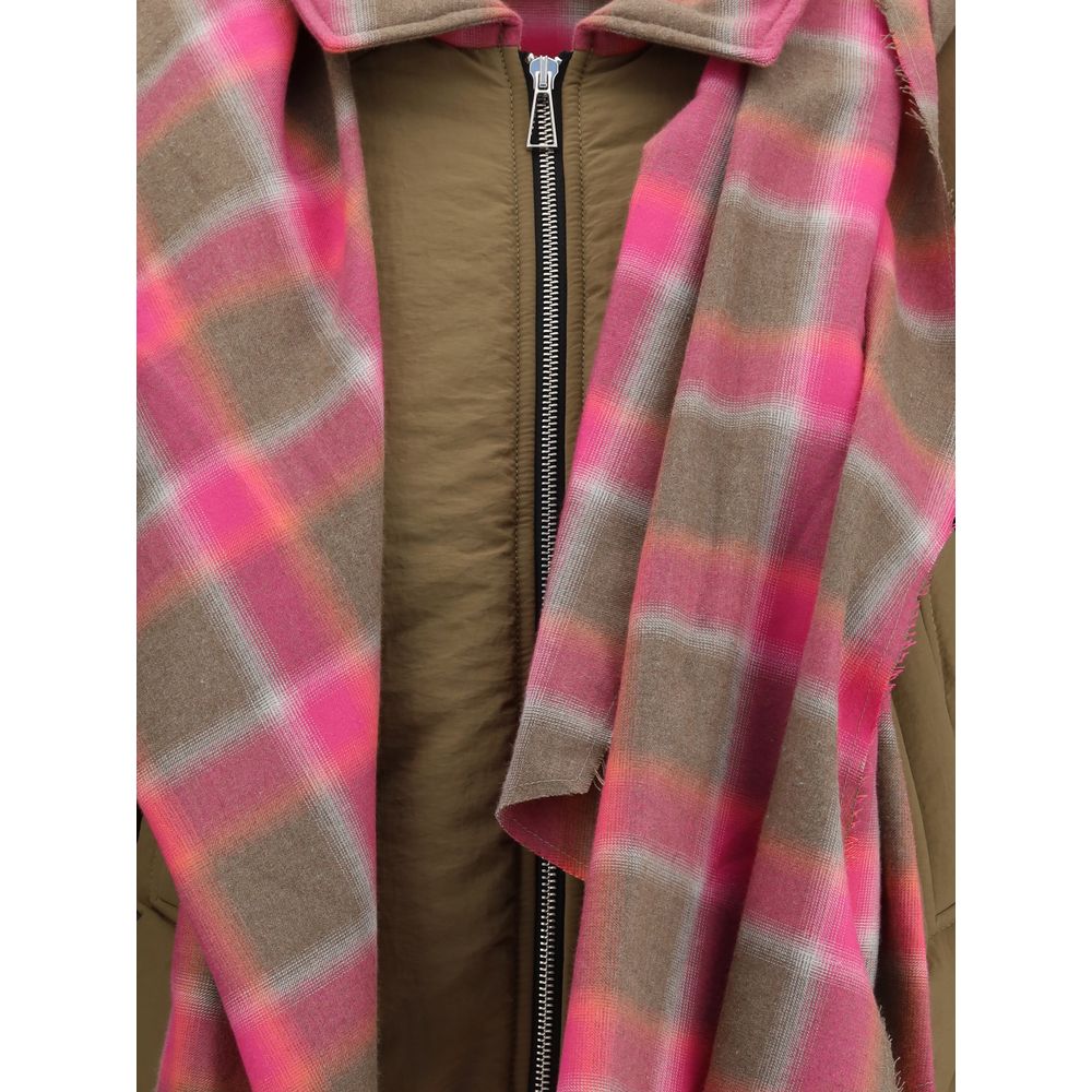Close-up of MARBELL Brown Cotton Shell Jacket featuring a plaid-patterned maxi scarf, front zip closure, and quilted down design.