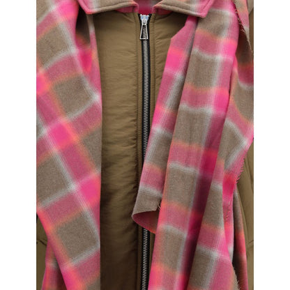 Close-up of MARBELL Brown Cotton Shell Jacket featuring a plaid-patterned maxi scarf, front zip closure, and quilted down design.