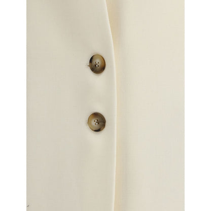 Close-up of button details on Di Stavnitser White Fleece Wool Coat, elegant and structured design with refined button accents.