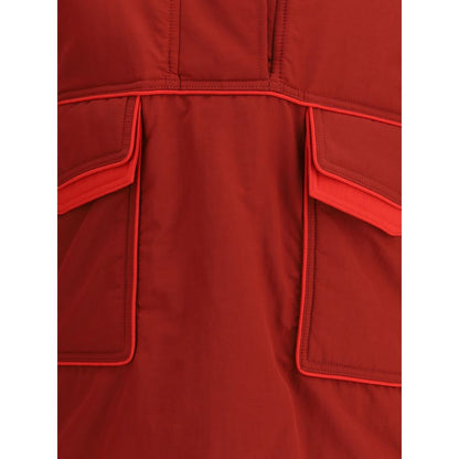 Close-up of MARBELL Red Polyamide Shell Jacket showing front pockets and stitching details for Autumn-Winter 2025 collection.