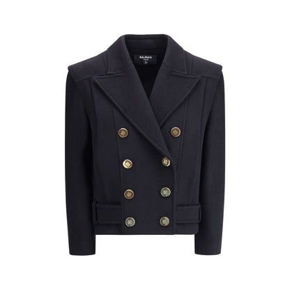 Balmain Black Wool Coat featuring double-breasted design with gold buttons, wide lapels, and urban style.