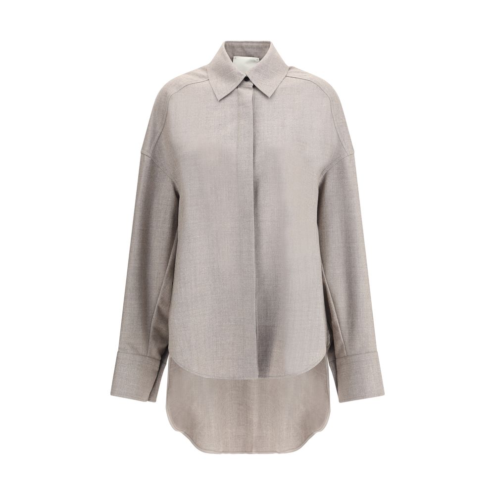 Di Stavnitser Gray Fleece Wool Dress Shirt with classic collar and asymmetrical hem, contemporary oversize design for AW25 season.