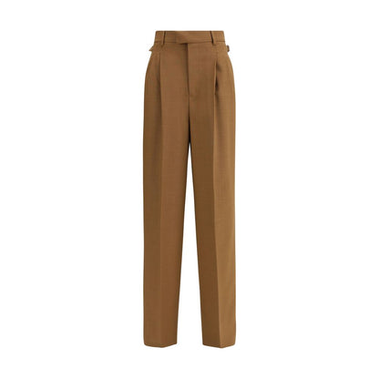 Ami Paris Brown Wool Casual Pants with high waist and metal buckle details.