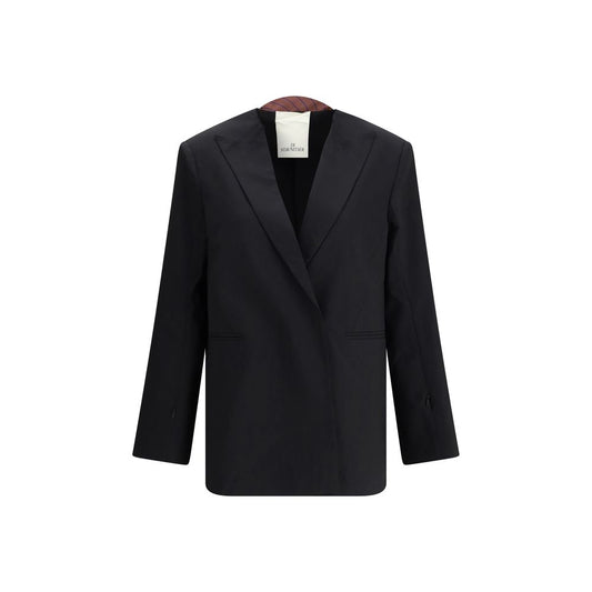 Di Stavnitser Black Polyester Blazer with raw-cut peaked lapels and concealed button closure, featuring a contemporary design for AW25.