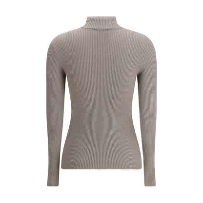 Back view of Brunello Cucinelli Brown Cashmere Sweatshirt with high neck and ribbed texture, featuring elegant long sleeves.