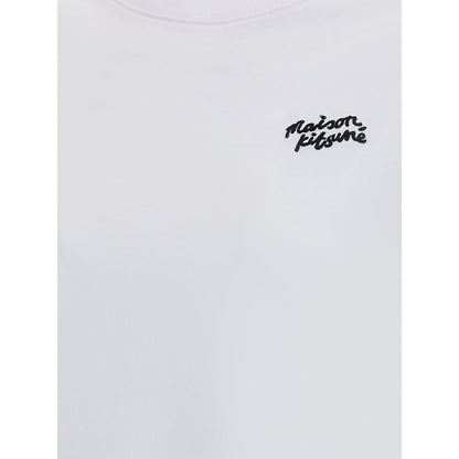 Maison Kitsuné White Cotton T-Shirt with logo embroidery on front, ribbed crew neck, modern style, 100% cotton, regular fit, AW25 season.