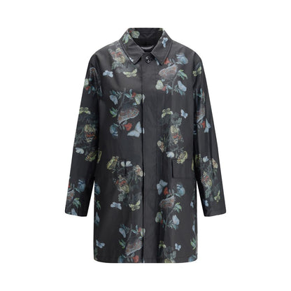Undercover Black Cotton Coat - Waxed cotton raincoat with floral pattern, front flap pockets, and cotton lining, perfect for AW25 season.