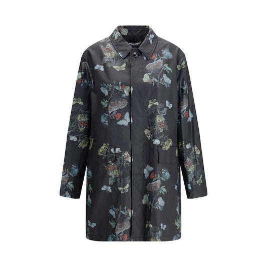 Undercover Black Cotton Coat with floral pattern, showing front view and details like flap pockets and button closure. AW25 season style.