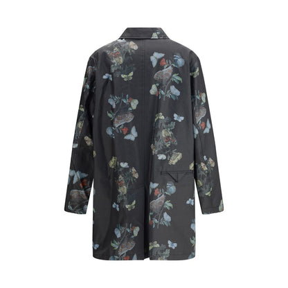 Undercover Black Cotton Coat with floral pattern, back view showcasing timeless style and practicality, suitable for all weather conditions.