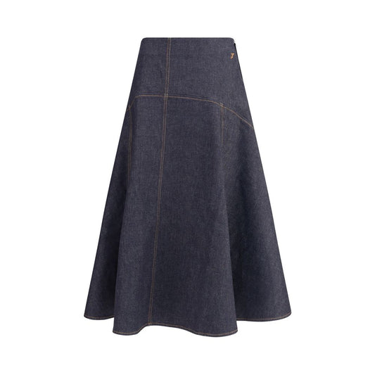 Jacquemus Blue Cotton Midi Skirt with flared design and contrast stitching, featuring side zipper and 'J' embroidery, AW25 collection.