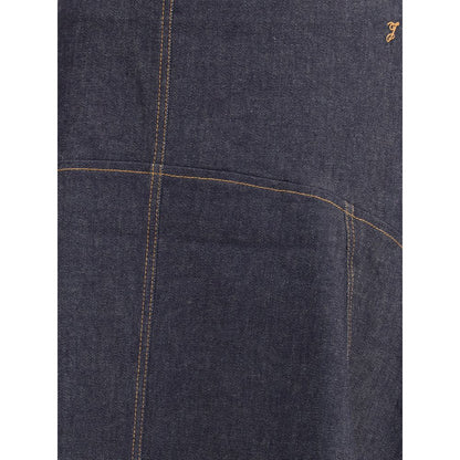 Jacquemus Blue Cotton Midi Skirt with contrast stitching and 'J' embroidery detail, showcasing a flared, contemporary design.