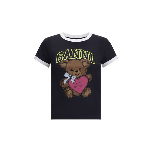 Ganni Black Cotton T-Shirt with teddy bear print and 'Have a nice day! Please recycle' message, round neckline, and short sleeves.