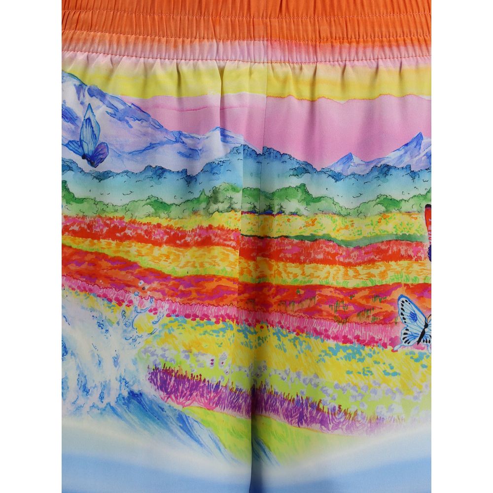 Casablanca Multicolor Silk Bermuda Shorts with vibrant landscape and butterfly print, made from 100% silk for AW25 season.