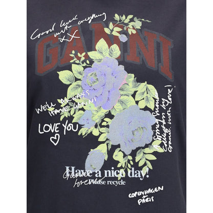 Ganni Black Cotton T-Shirt featuring rose print, GANNI logo, and "Have a nice day! Please recycle" message for sustainable fashion.