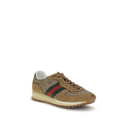 Gucci Beige Polyamide Athletic Sneakers with green and red Web stripe, rubber sole, and GG logo details on a white background.