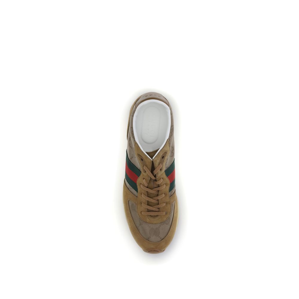 Top view of Gucci Beige Polyamide Athletic Sneakers with green and red Web stripe and Interlocking GG logo details.