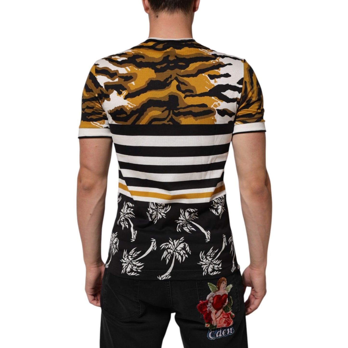 Back view of Dolce & Gabbana Multicolor Leopard Palm Leaf Men Crew Neck T-shirt with striped design.