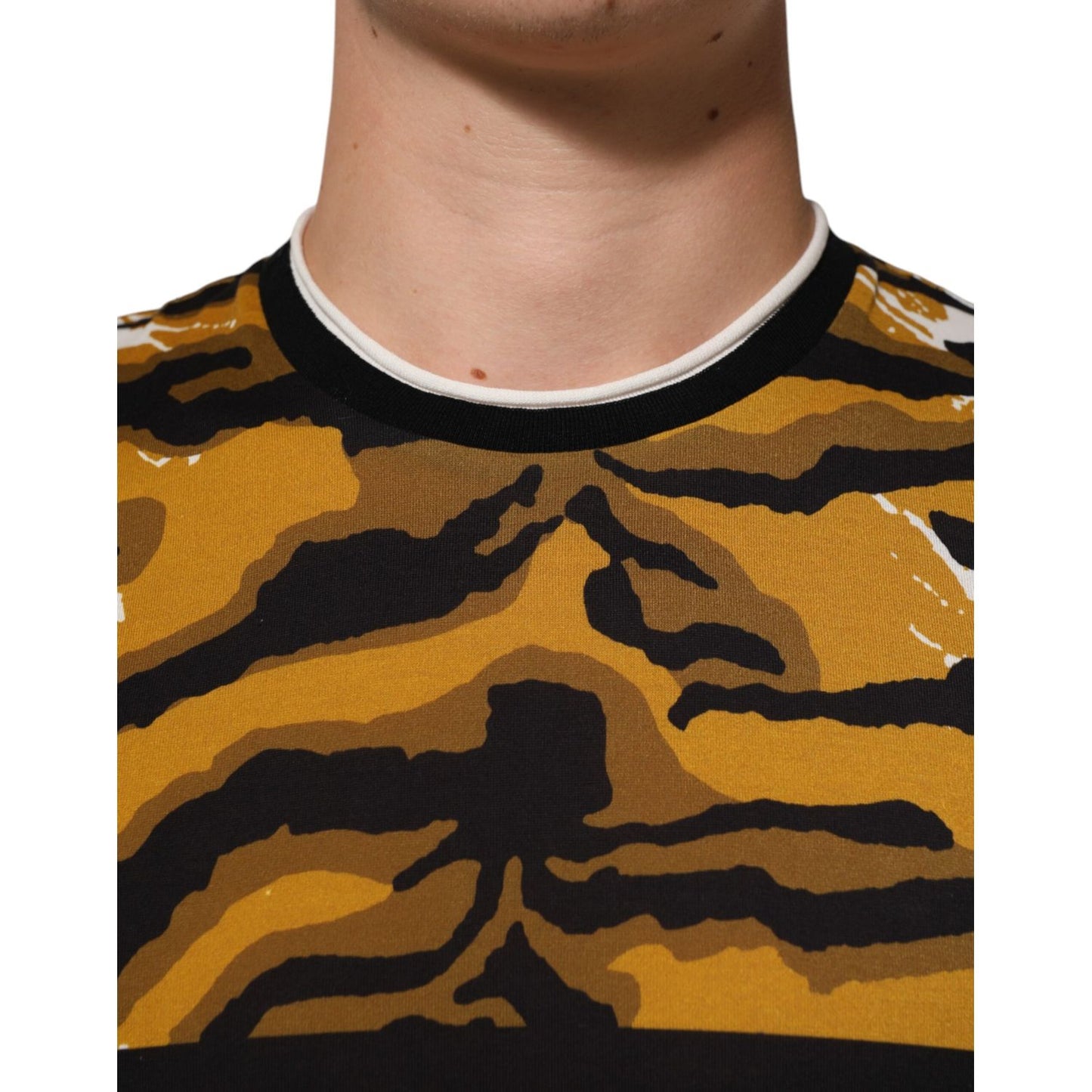 Dolce & Gabbana Multicolor Leopard Palm Leaf Men Crew Neck T-shirt close-up showing vibrant print.