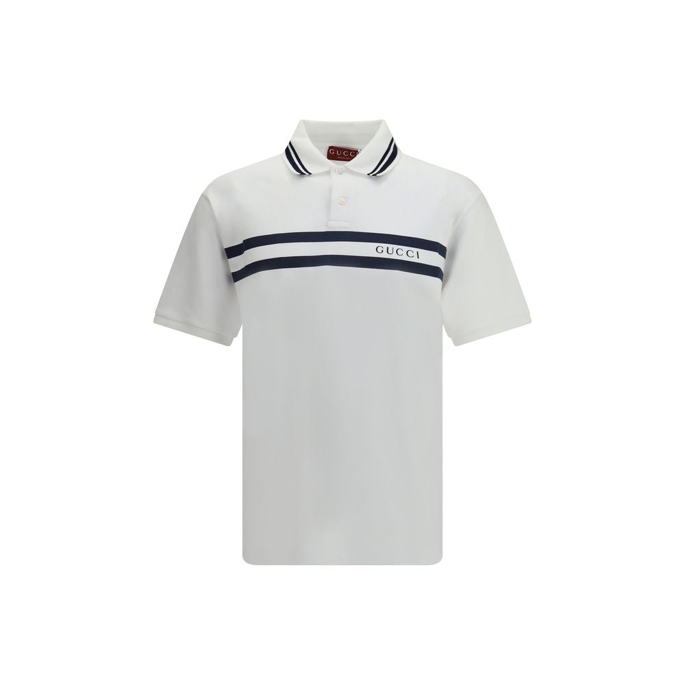 Gucci White Cotton Polo Shirt with striped print and logo for a modern look, made of 95% cotton and 5% elastane, AW25 collection.
