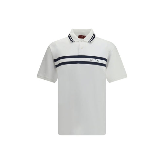 Gucci White Cotton Polo Shirt with striped print and logo for a modern look, made of 95% cotton and 5% elastane, AW25 collection.