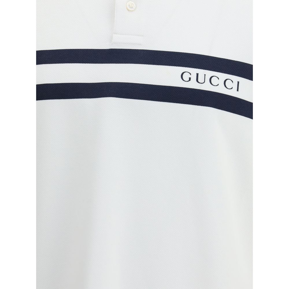 Gucci White Cotton Polo Shirt with blue stripes and logo, regular fit, made from 95% cotton and 5% elastane, AW25 collection.