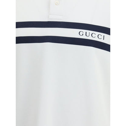 Gucci White Cotton Polo Shirt with blue stripes and logo, regular fit, made from 95% cotton and 5% elastane, AW25 collection.