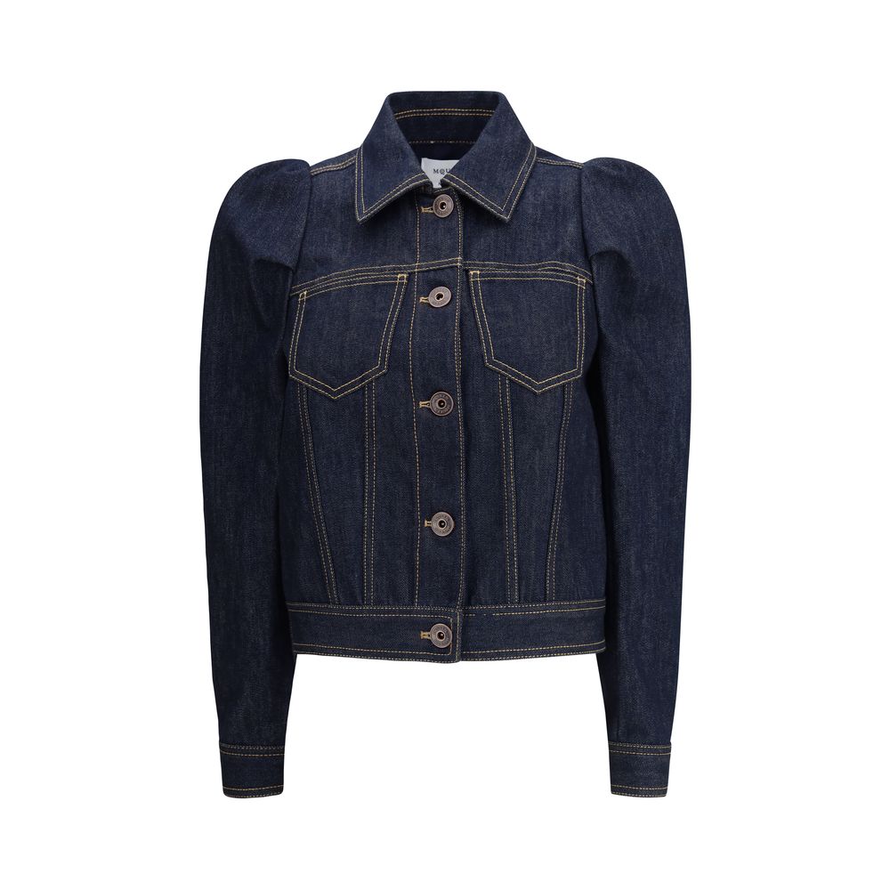 Alexander McQueen Blue Cotton Denim Jacket with pointed shoulders and contrast stitching, featuring Italian collar and chest pockets.