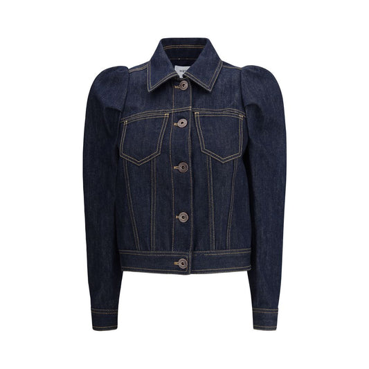 Alexander McQueen Blue Cotton Denim Jacket with pointed shoulders and contrast stitching, featuring a slim fit and Italian collar.