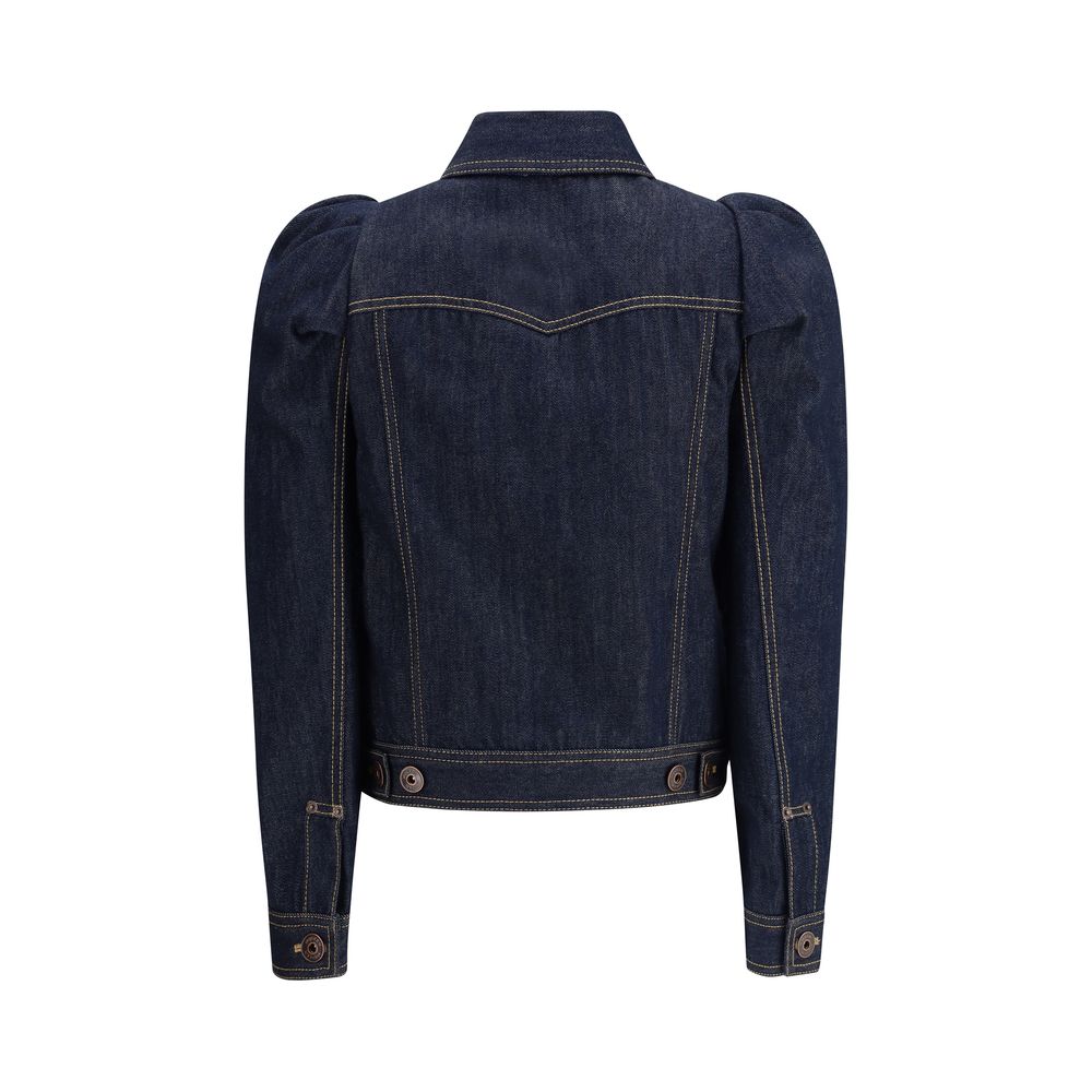Back view of Alexander McQueen Blue Cotton Denim Jacket with pointed shoulders and contrast stitching.