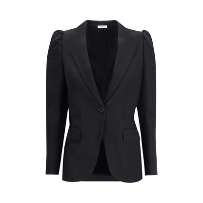 Alexander McQueen Black Wool Coat with single-breasted design, classic lapels, chest pocket, and two flap pockets.